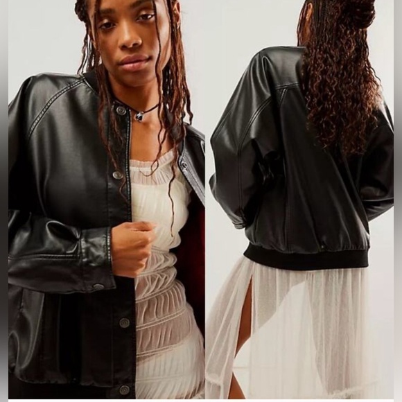 We the free Wild Rose Vegan Leather Bomber Jacket Black Free People Size XL NWT - Picture 2 of 8